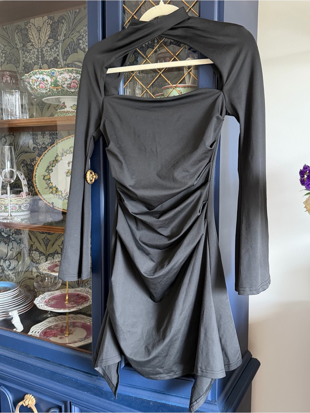 Black Draped Rouch Long-Sleeve Dress